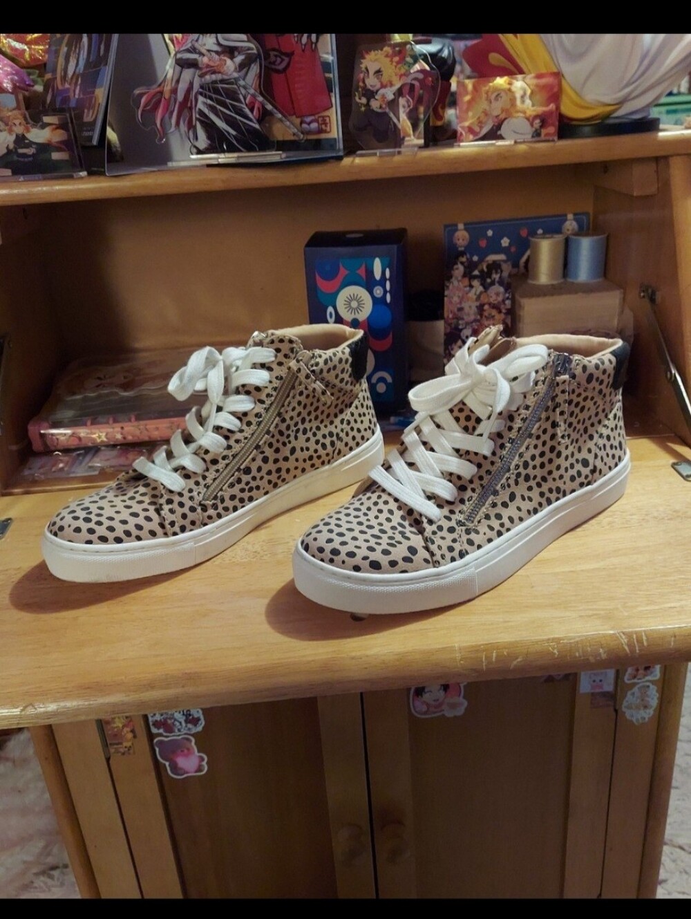 High top beige with black polka dot & white accent sneakers